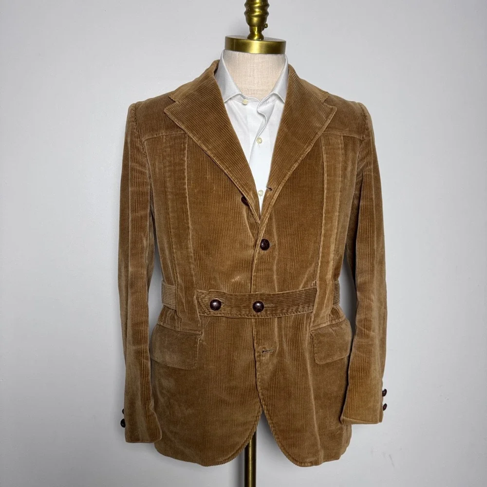 McGregor Sport Coat Mens 40R Tan Solid Corduroy Vintage Safari Norfolk Blazer